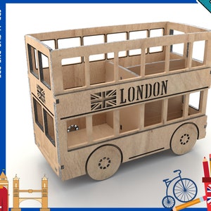 Suporte para lápis Ônibus de Londres SVG / Porta-canetas Arquivos cortados a laser / Caixa de armazenamento de madeira Arquivo CNC / Organizador de mesa Arquivos vetoriais CNC, decoração de estante