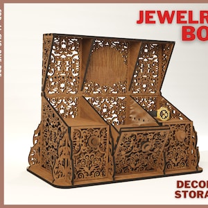 Jewelry Storage box carved with opening lid Laser cut files, SVG file / Jewelry Closet organiser svg / Makeup holder Desk organiser SVG