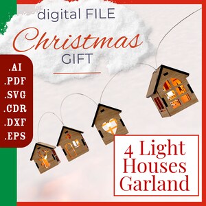 Feestelijke Glow Village SVG-set lasergesneden bestanden voor kerstboomdecor / Winter Wonderland lasergesneden bundel: kerstboomornament DIY-pakket