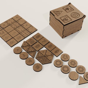 May include: Wooden box with a lid containing a set of wooden tiles with numbers and dots. The tiles are arranged in a grid pattern. There are also several wooden circles with dots and a wooden triangle.
