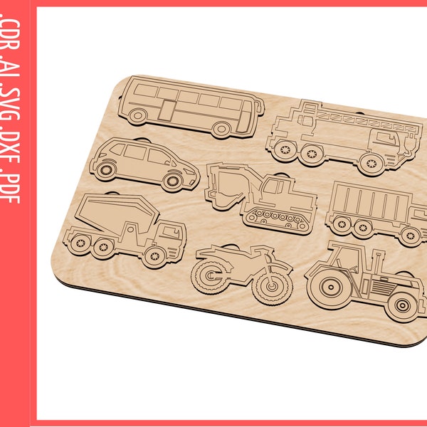 Rompecabezas para bebés Transporte Archivos cortados con láser, SVG, CDR / Archivo cnc de rompecabezas de madera para bebés / Archivos Glowforge, patrón CNC / Rompecabezas Montessori svg