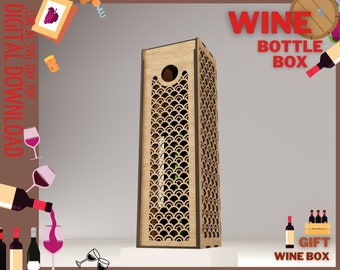 Puede incluir: Una caja de madera para botellas de vino con un diseño decorativo cortado con láser. La caja es rectangular con un patrón de vieira y una abertura circular. Se ven las palabras "WINE BOTTLE BOX" y "GIFT WINE BOX".