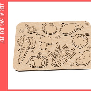 May include: A digital download of a set of nine black and white line drawings of vegetables, including a carrot, corn, aubergine, mushroom, potato, pumpkin, pepper, tomato, and a turnip. The drawings are on a wood-grain background.