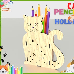 Pen holder Cat Laser Cut Files / Pencil stand, holder svg for kids / Wooden Storage box cnc file / Desk organizer Cnc Vector Files DXF