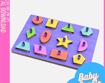 May include: A wooden baby puzzle with a purple base and colorful geometric shapes. The shapes include a circle, square, triangle, star, and more, each with a small handle. The text "Baby Puzzle" is in a blue cloud.