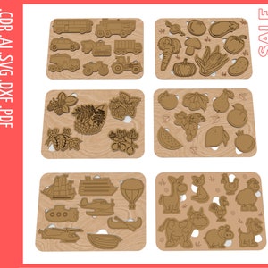 6-in-1 Holzpuzzle Set: Tiere, Beeren, Transport & Veggies \ Montessori-inspirierte Puzzle-Designs für Glowforge