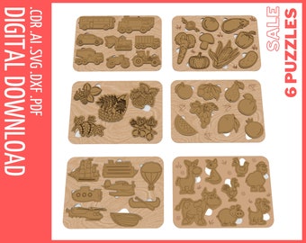 Puzzle 6 sets Big pack - Animal, Berries, Transport, Vegetables Laser cut SVG / Glowforge cut / Baby Puzzle cnc file / Montessori puzzle svg