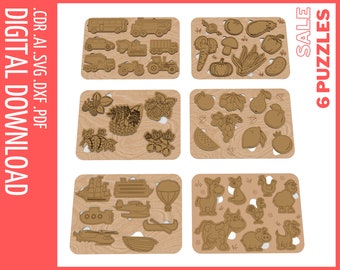 6-in-1 Wooden Puzzle Set: Animals, Berries, Transport & Veggies \ Montessori-Inspired Puzzle Designs for Glowforge