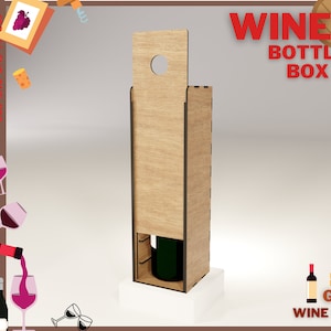 Wijnkist met schuifdeksel Lasergesneden bestanden / Minimalistische doos voor wijnfles SVG / Houten kist voor wijn CNC-bestand / Glowforge-snede, CNC-patroon