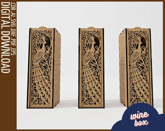 Wine box with Sliding Lid Laser cut files / Bird art box for wine bottle SVG / Wooden Box For Wine CNC file / Glowforge cut, CNC pattern