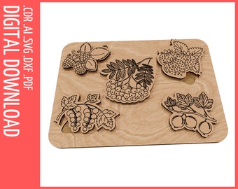Educational Puzzle for baby Berries Laser cut files, SVG, CDR / Baby wooden Puzzle cnc file / Glowforge files / Montessori toy svg