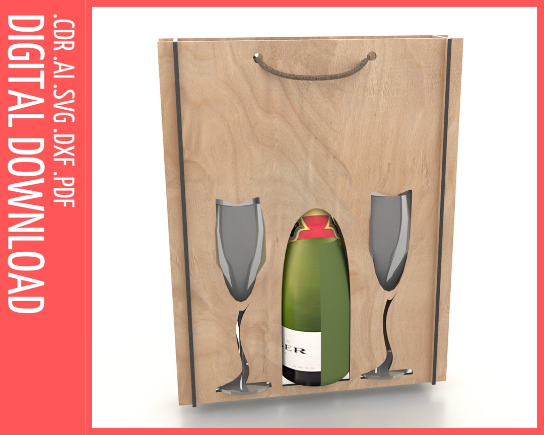 Champagne Gift Box Svg Gift Bag for Wine and Glasses Laser Cut Files