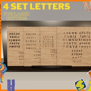 May include: Four sets of alphabet letters and numbers on a wood background. The letters are in uppercase and lowercase. The numbers are 1234567890. The text on the image reads "4 SET LETTERS FOR LASER CUTTING .CDR.AI.SVG.DXF.PDF DIGITAL DOWNLOAD"