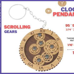 May include: A wooden clock pendant with scrolling gears, measuring 3.74 inches in diameter. The clock face has Roman numerals and the pendant is attached to a silver key chain. The text "CLOCK PENDANT" and "SCROLLING GEARS" is printed in red.