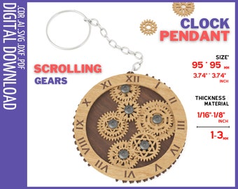 Steampunk Clock pendant gears Laser cut files, cnc files for wood, acrylic / Glowforge files / Laser cut jewelry cnc vector, SVG file