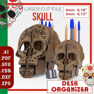 Organizador de mesa para caneta e lápis mexicano Pepito Skull / Organizador de mesa Pepito Skull SVG Arquivos cortados a laser / Organizador de caneta Pepito decoração de mesa
