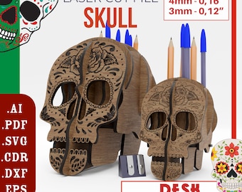 Mexicaanse Pepito Skull pen en potlood desktoporganizer / bureauorganizer pepil Skull SVG lasergesneden bestanden / penorganizer Pepito-tafeldecor