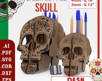 Mexican Pepito Skull Pen and Pencil Desktop Organizer / Desk Organizer pepil Skull SVG Laser Cut Files / Pen organizer Pepito table decor