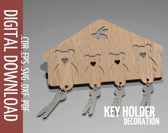 Rustic Home Key Holder with Bear Keychains - Laser Cut SVG / Cottagecore Wall Key Organizer - DIY Laser Cutting Files / Wooden Key Rack