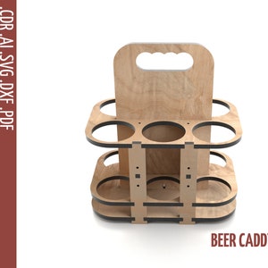 May include: A wooden beer caddy with a handle and six slots for holding bottles. The caddy is made of light brown wood and has a dark brown stain around the edges.