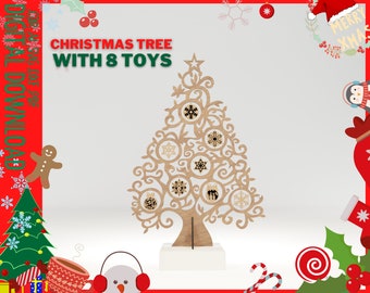 Christmas decoration Christmas tree with 8 toys Laser cut files / Christmas tree on a stand home decor cnc file / Christmas tree Laser cut