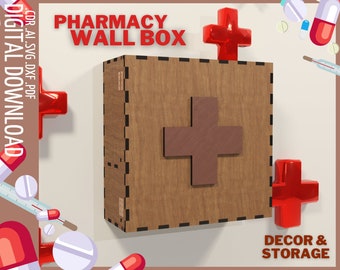 Pharmacy box for wall laser cut files / Storage box organiser SVG / Medicine box cnc file / First aid box svg / dxf vector, cnc laser cut