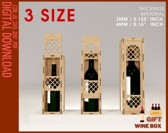 Puede incluir: Tres cajas de vino de madera con diseños de celosía y arco, cada una con una botella de vino verde. Las cajas están etiquetadas como "3 SIZE" y "GIFT WINE BOX". El grosor del material es de 3 mm y 4 mm.