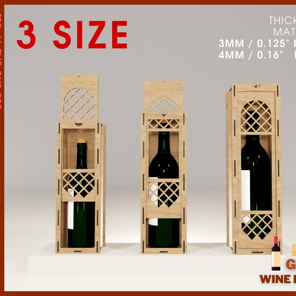 Caja de vino Archivos cortados con láser / Caja de vino con tapa deslizante / Caja de regalo para botella de vino SVG / Caja de madera para vino archivo CNC / Caja de regalo para vino 3-4mm