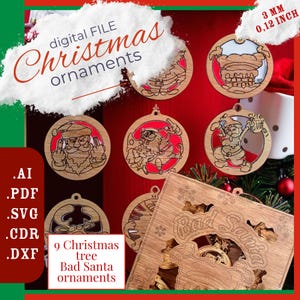 Adornos de Papá Noel malo SVG / Decoración navideña DIY / Archivos cortados con láser / Adornos navideños divertidos SVG / Organizador de caja de Papá Noel malo