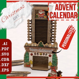 Calendário de Advento de Natal com Contagem Regressiva SVG, Arquivo de Corte a Laser Papai Noel na Chaminé