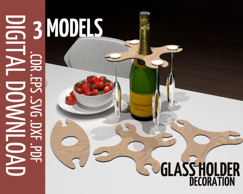 Laser cut files Wine glass Caddy holder / Glowforge cut files / Wine stand Cnc files for wood / SVG laser file / Digital File image 1