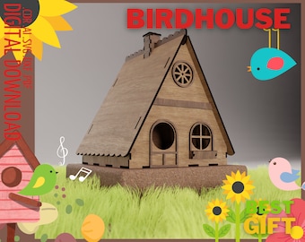 Farmhouse Birdhouse laser cut files SVG / House for birds Template for glowforge cut DXF / Project for CNC laser cut Bird-home Kids pattern