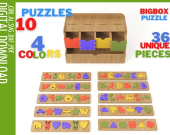 Box set with Puzzle for baby Transport, animals, figures Laser cut files, SVG, CDR / Box wooden Puzzle cnc file / Montessori puzzle svg
