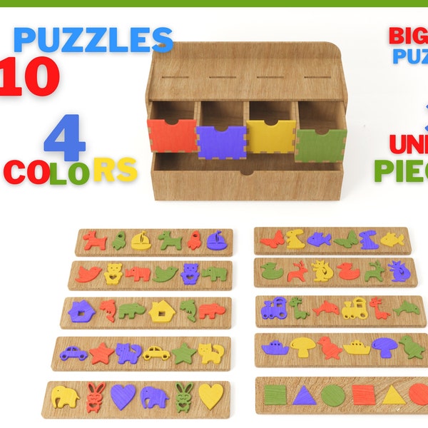 Caja con Puzzle para bebé Transporte, animales, figuras Archivos cortados con láser, SVG, CDR / Caja de madera Puzzle cnc archivo / Montessori puzzle svg