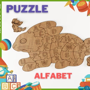 Puzzle educativo per bambini, file di alfabeto coniglio, file tagliati al laser, SVG, CDR / file cnc per puzzle alfabeto per bambini / file Glowforge / file Montessori Puzzle svg