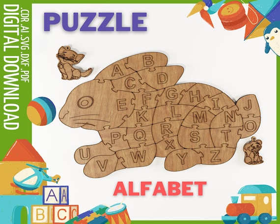 Educational Baby Puzzle Rabbit Alphabet Laser cut files, SVG, CDR / Infant Alphabet Puzzle cnc file / Glowforge file/ Montessori Puzzle svg