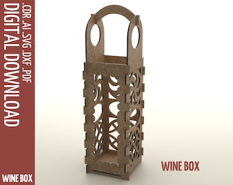 May include: A brown wooden wine box with a decorative cut-out design and a handle. The box is labeled "WINE BOX".