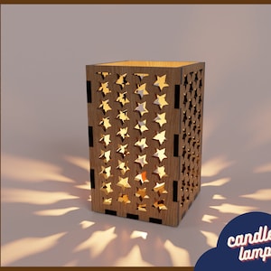 木製テーブル スター ランプ SVG | Glowforge および CNC 互換 | ユニークな星のパターン | ランタン DXF カット プラン | 宇宙キャンドル ホルダー DIY
