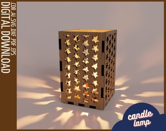 Luminária de mesa de madeira estrela Svg | Compatível com Glowforge e CNC | Padrões de estrelas exclusivos | Plano de corte DXF de lanterna | Porta-velas cósmico DIY