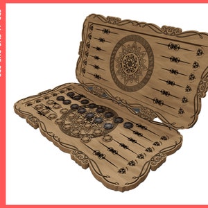 May include: A wooden backgammon board with intricate carvings and a mandala design. The board is open and shows the playing surface with black and white game pieces.