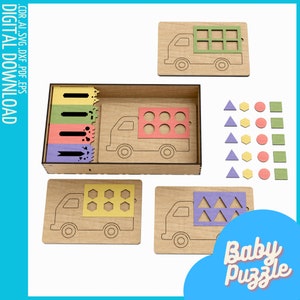 Educational Wooden Puzzle Set | 4 Truck Puzzles & Shapes | SVG Laser Cut Files