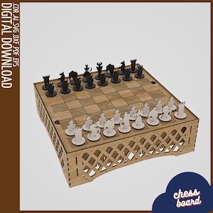 Échiquier avec compartiments cachés Plans CNC / Boîte de rangement pour jeux de société SVG / Jeu d'échecs découpé au laser
