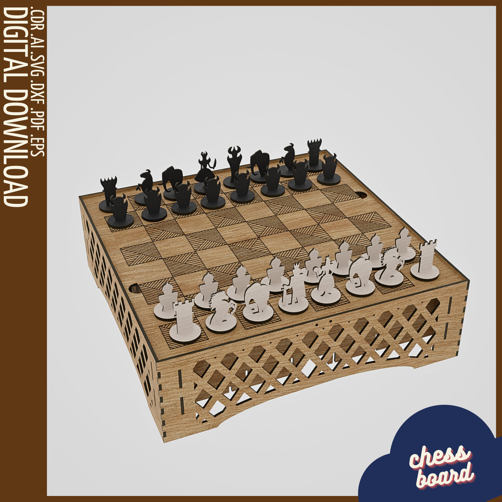 Laser Cut Wooden Chess Board & Pieces 4mm Free Vector cdr Download