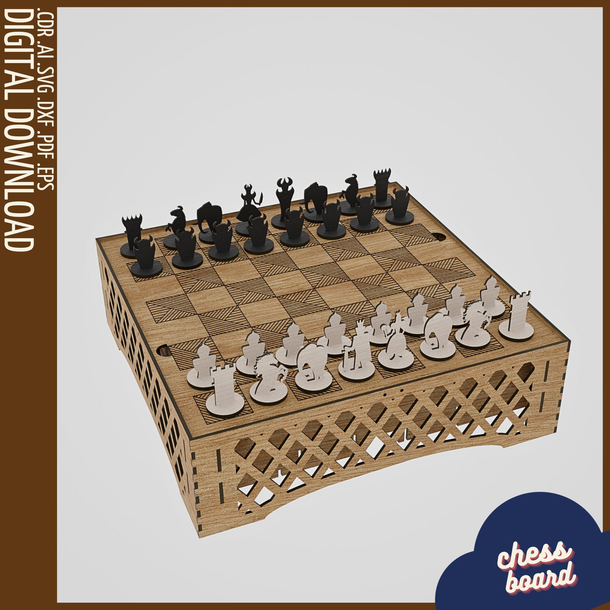 Laser Cut Wooden Chess Board & Pieces 4mm Free Vector cdr Download