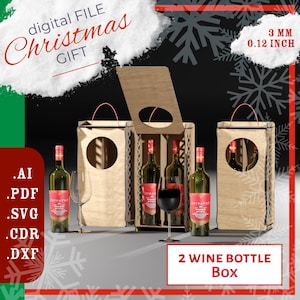 Scatola per vino per 2 bottiglie File tagliati al laser SVG / Scatola per vino con coperchio apribile / Scatola regalo per bottiglia di vino SVG / Scatola in legno per file CNC per vino