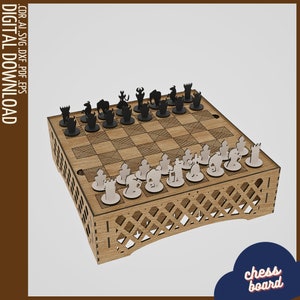 Chessboard with Integrated Compartment - Laser Cut Vector Files for CnC - Wooden Chess Set DXF, Board Game SVG CNC Cut, Laser Cut Files