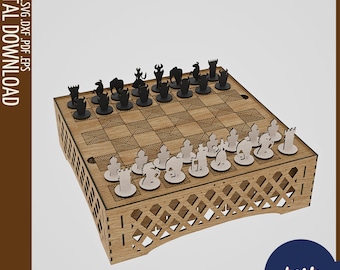 Schachbrett mit Integriertem Fach - Laser geschnitten Vektor-Dateien für CnC - Holz Schach Set DXF, Brettspiel SVG CNC Cut, Lasercut Dateien
