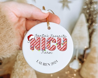 NICU Ceramic Ornament, Custom Name & Year, Neonatal Unit Christmas Tree Decor, Nurse Gift Personalized NICU Ornament Santa's Favorite Nurse