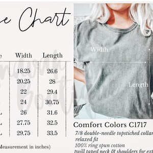 May include: Size chart for a t-shirt in sizes S through 4XL. The chart shows the width and length measurements in inches. The t-shirt is described as having a 7/8 double-needle topstitched collar, a relaxed fit, and is made of 100% ring spun cotton. The neck and shoulders are twill taped for extra durability. Comfort Colors C1717.