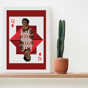 Black African Queen Playing Card - Queen of Spades, Wall Art Print, Cartes à jouer, Vibrant Wall Art, Affiche ludique, Cartes à jouer au poker
